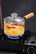 Stripped Glass Pot With Long Wooden Handle & Glass Lid