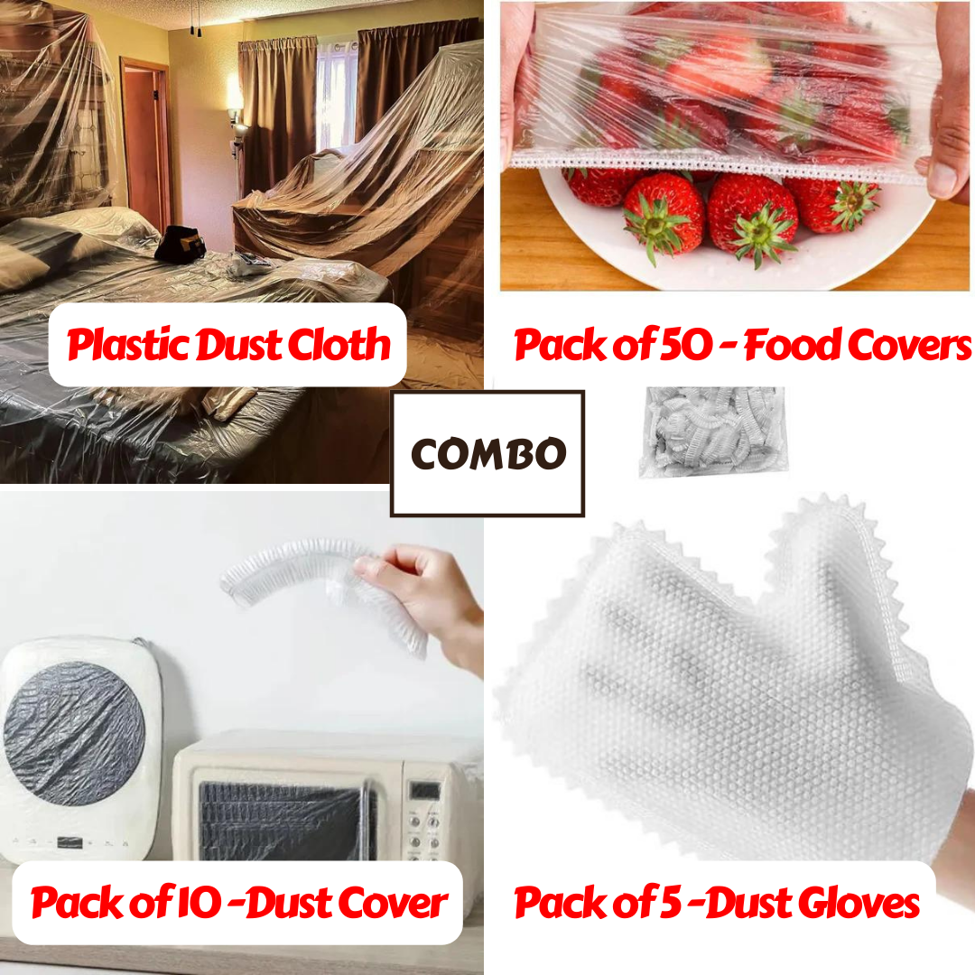 Pack of 5 Dust Cleaning Gloves + Pack of 10 Dust Covers + Plastic Dust Sheet + Pack of 50 - Disposable Food Covers