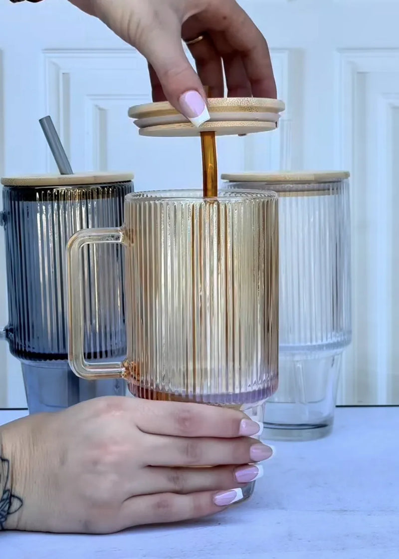 Ribbed Glass Tumbler with Handle, Straw & Bamboo Lid