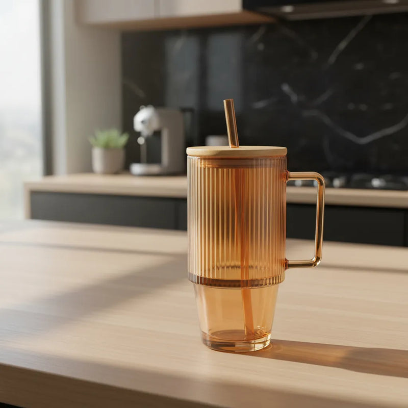 Ribbed Glass Tumbler with Handle, Straw & Bamboo Lid
