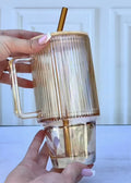 Ribbed Glass Tumbler with Handle, Straw & Bamboo Lid