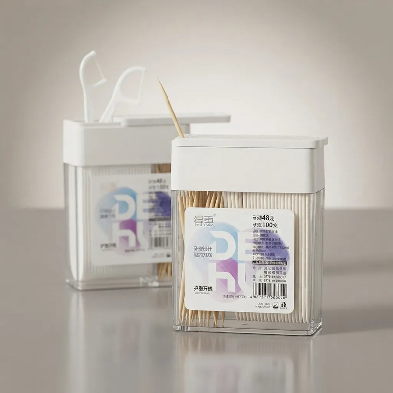 2 in 1 Toothpick and Dental Floss Pick Box – 100 Toothpicks + 30 Flossers