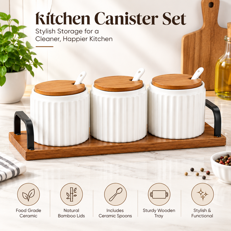 Ceramic Seasoning Jar Set with Wooden Tray