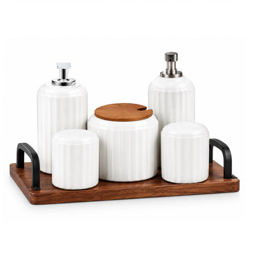 6-Piece White Ceramic Seasoning Jar Set with Wooden Tray