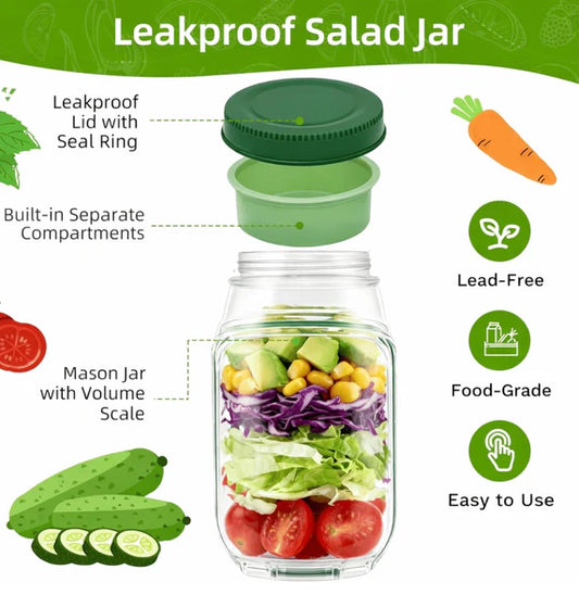 Fresh Salad Jar with Side Opening Lid & Dressing Cup