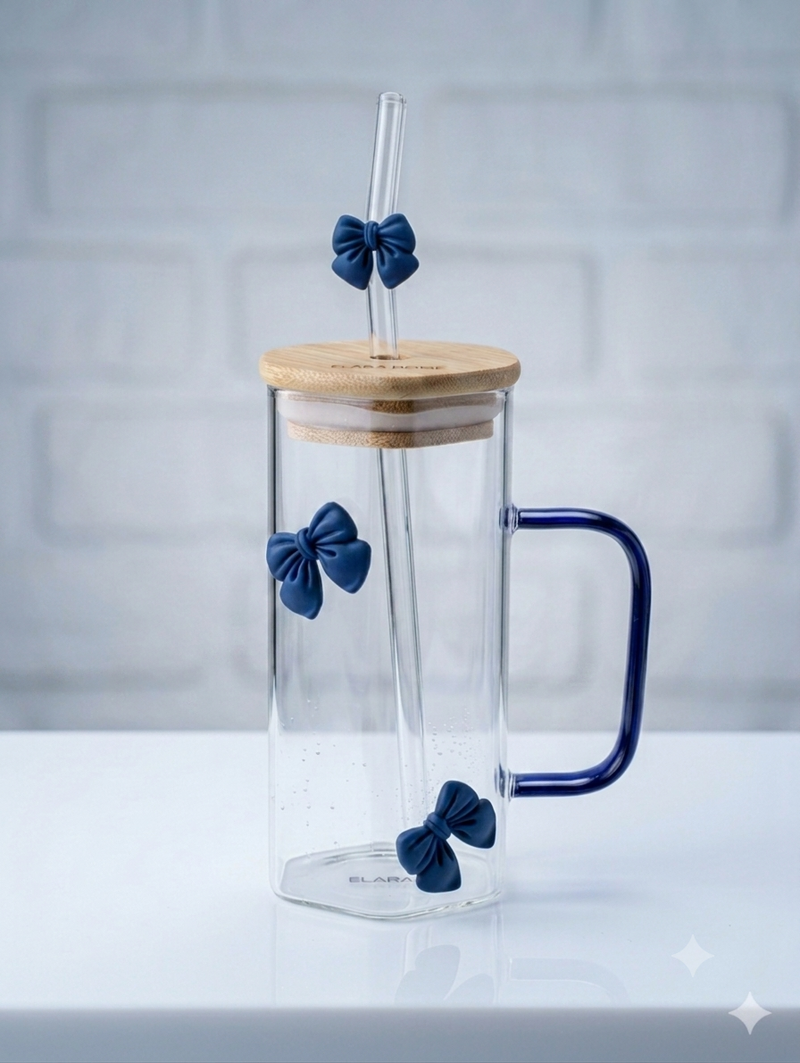 Green Bow Hexagonal Glass Tumbler with Straw