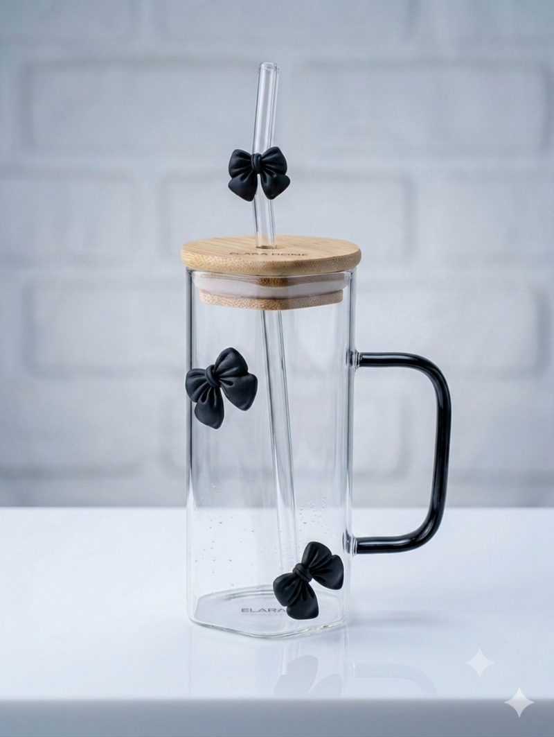 Green Bow Hexagonal Glass Tumbler with Straw