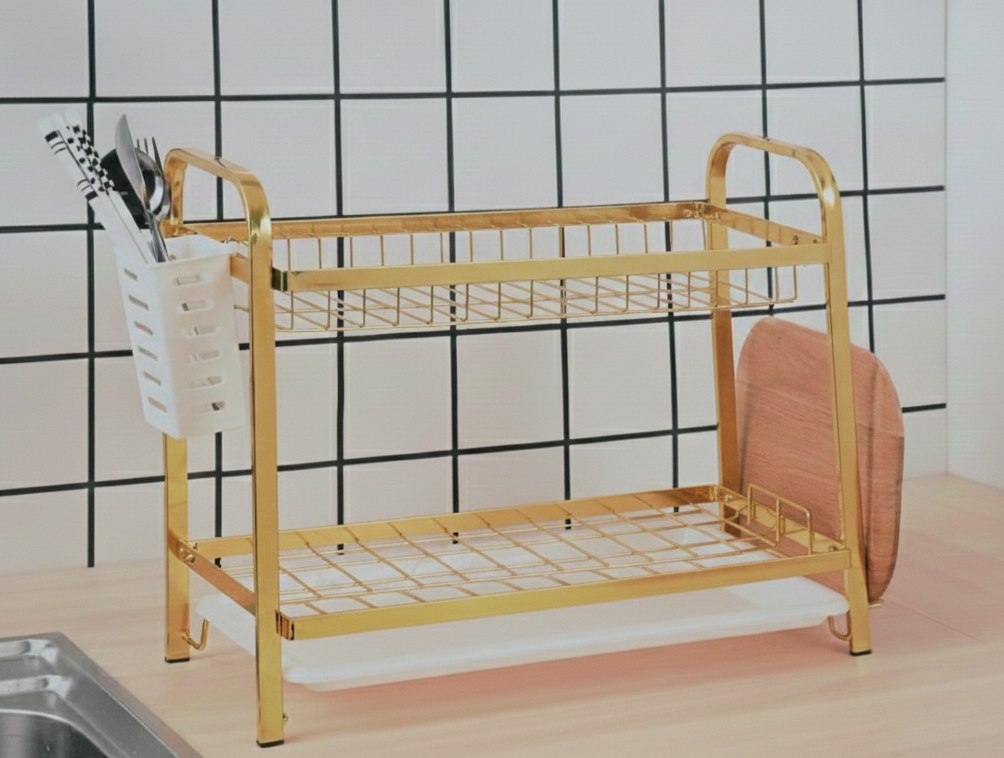 2-Tier Gold Dish Drying Rack with Utensil Holder & Drain Tray