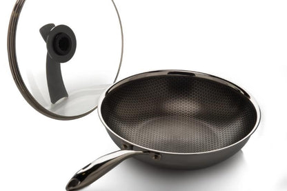 Single Handle Laser Coated Honeycomb Print Nonstick Wok With Lid