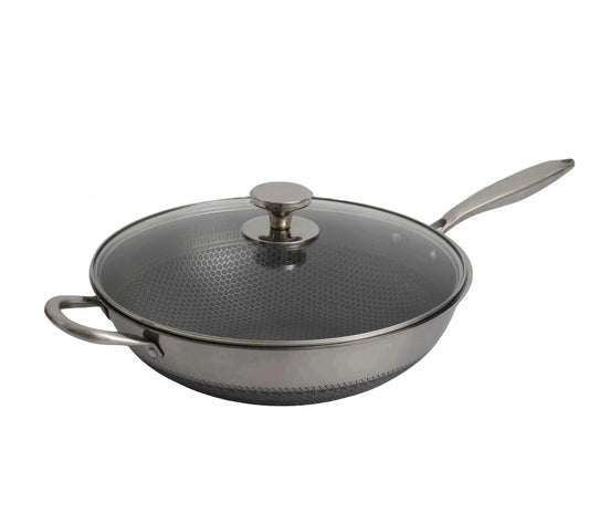 Single Handle Laser Coated Honeycomb Stainless Steel Wok With Lid