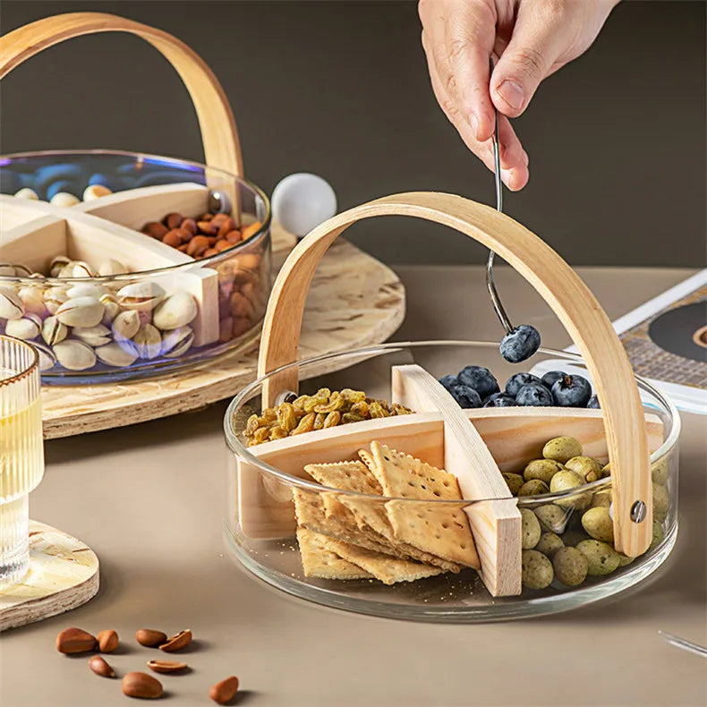 2200ml Nordic Style Glass Basket with Wooden Handle & Divider