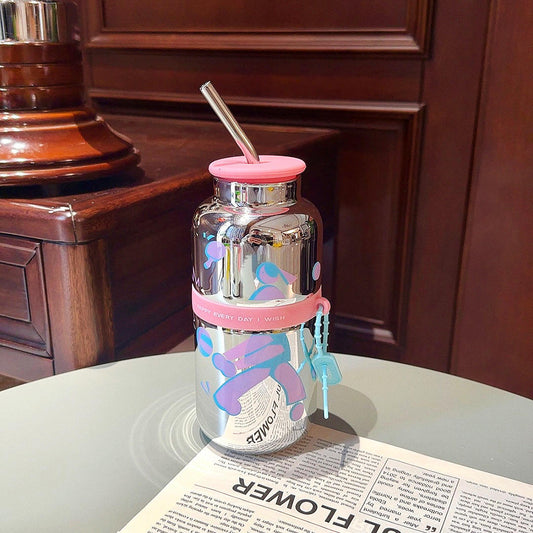 Random Color Water Bottle with Stainless Steel Straw and Silicone Lid