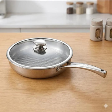 28cm Fish Coating Stainless Steel Fry Pan with Glass Lid