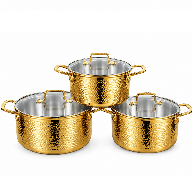 Hammered Design Stainless Steel Cooking Pot Set with Glass Lids