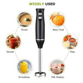 Black hand blender with images of food items it can be used for on a white background.