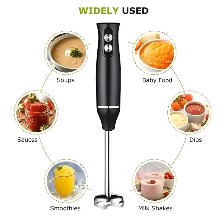 Black hand blender with images of food items it can be used for on a white background.