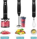 Set of black handheld kitchen tools including a chopper, blender, and whisk with various food items on a white background.