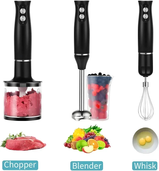 Set of black handheld kitchen tools including a chopper, blender, and whisk with various food items on a white background.