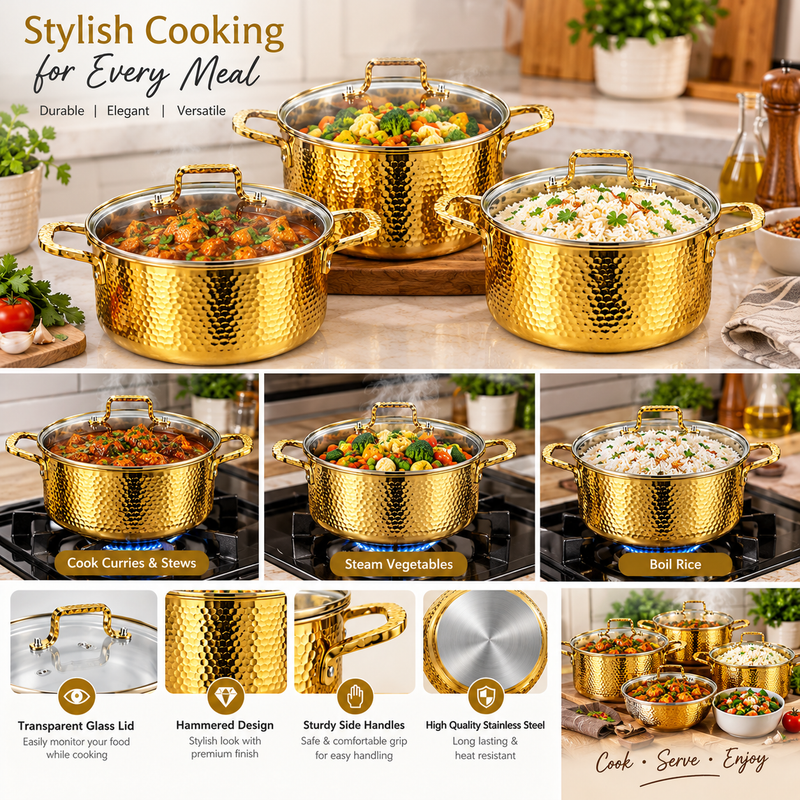Hammered Design Stainless Steel Cooking Pot Set with Glass Lids