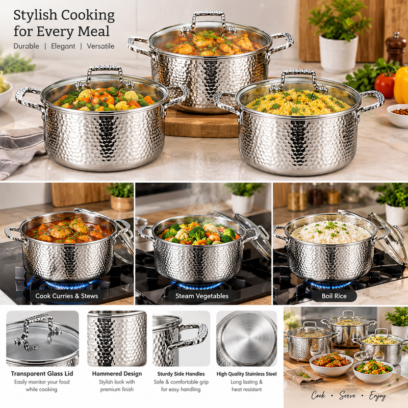 Hammered Design Stainless Steel Cooking Pot Set with Glass Lids