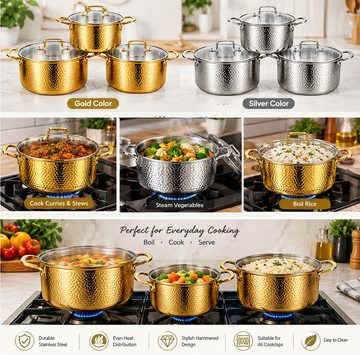 Hammered Design Stainless Steel Cooking Pot Set with Glass Lids