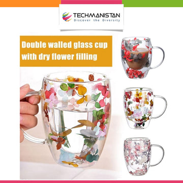 Double Wall Glass Mug with Dry Flowers