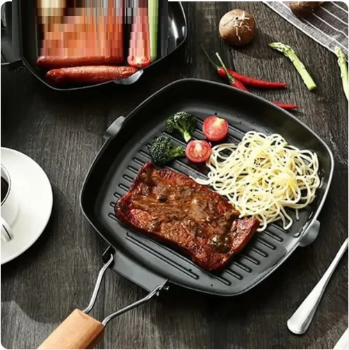 Non-Stick Square Grill Pan With Foldable Wooden Handle