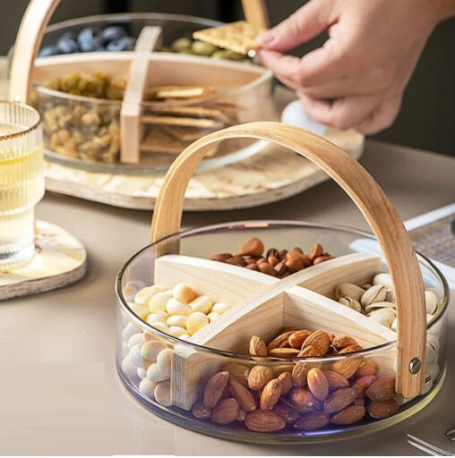 2200ml Nordic Style Glass Basket with Wooden Handle & Divider