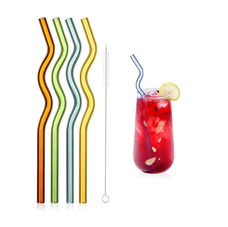 Set of 4 - Random Color Glass Straws with Cleaning Brush