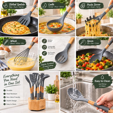 7-Piece Kitchen Spoon Set with Wooden Base