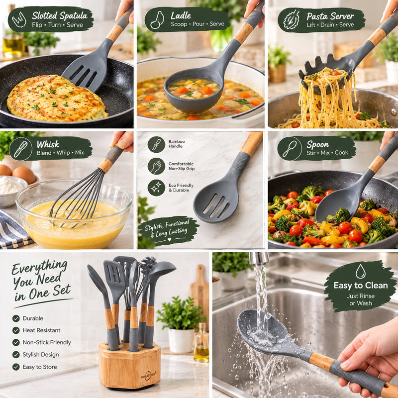 7-Piece Kitchen Spoon Set with Wooden Base