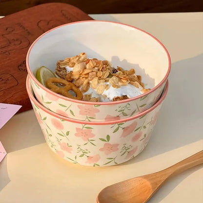 1Piece - Pink Floral Ceramic Bowl Techmanistan