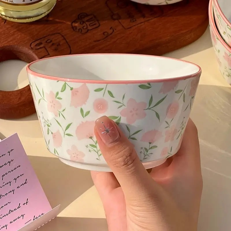 1Piece - Pink Floral Ceramic Bowl Techmanistan