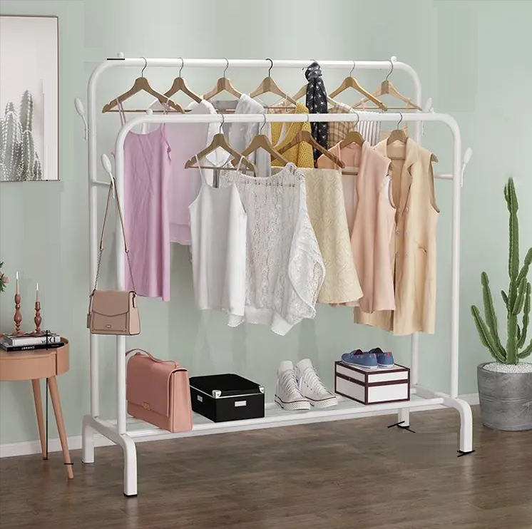 Metal Double Rail Clothes Hanger With Shoe Shelf & Hooks Techmanistan