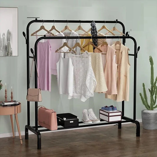 Metal Double Rail Clothes Hanger With Shoe Shelf & Hooks Techmanistan