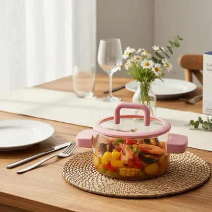 Heat Resistant Clear Glass Pot with Lid & Fire Proof Handles