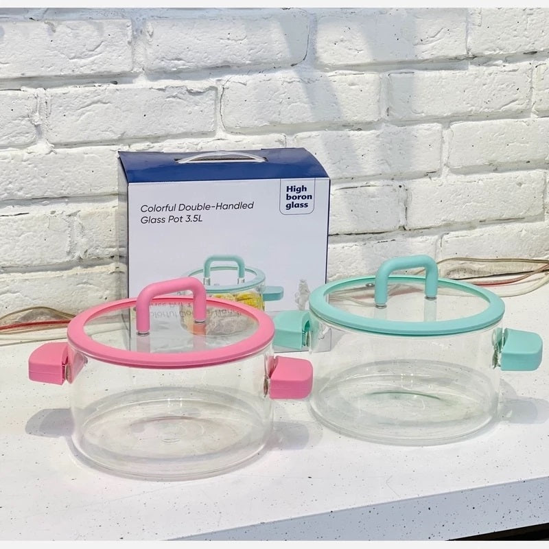Heat Resistant Clear Glass Pot with Lid & Fire Proof Handles