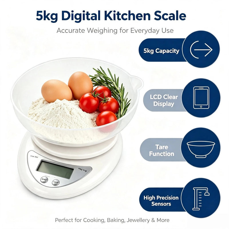 Electronic Kitchen Scale with Removable Bowl, 5 kg