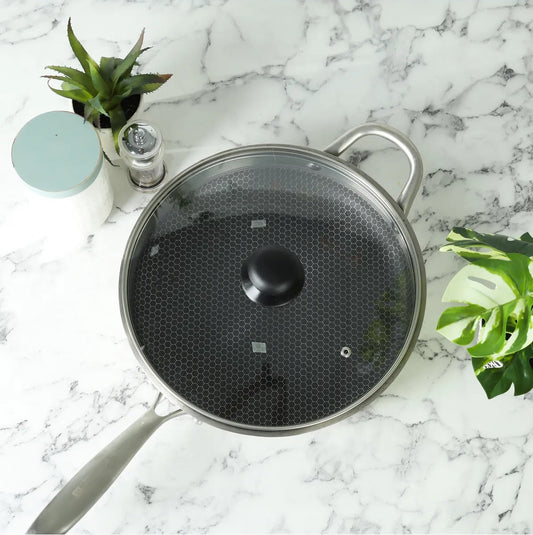 Honeycomb Laser Coated Nonstick Wok With Lid, Karahi Techmanistan