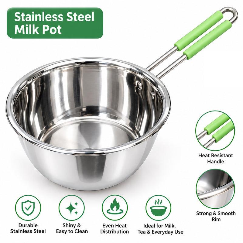 Stainless Steel Milk Pot with Heat-Resistant Green Handle