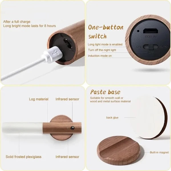 Wooden Rechargeable Wall Light – LED Motion Sensor Night Light