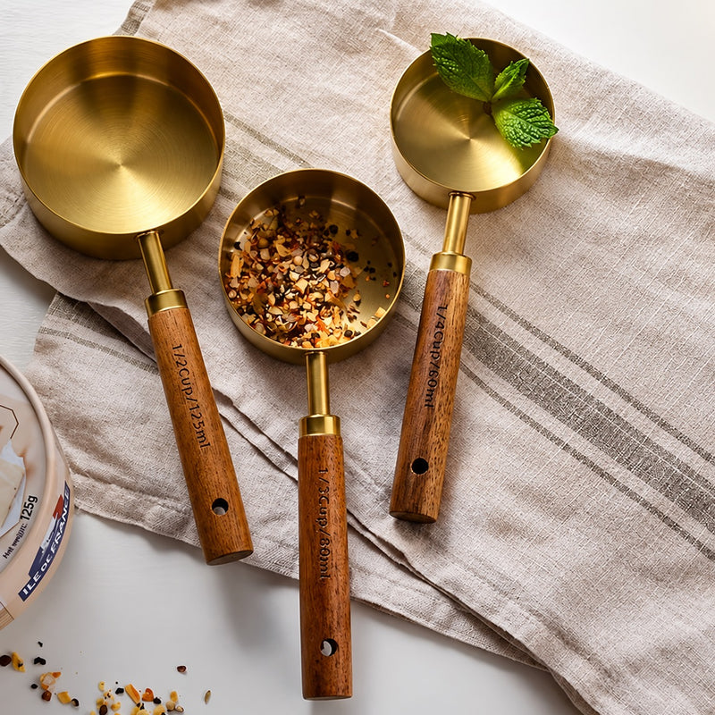 3pcs/Set Steel Measuring Cups with Wooden Handle