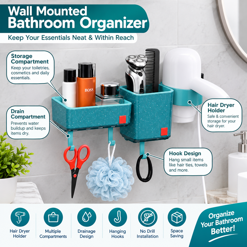 Wall-Mounted Bathroom Organizer with Hair Dryer Holder