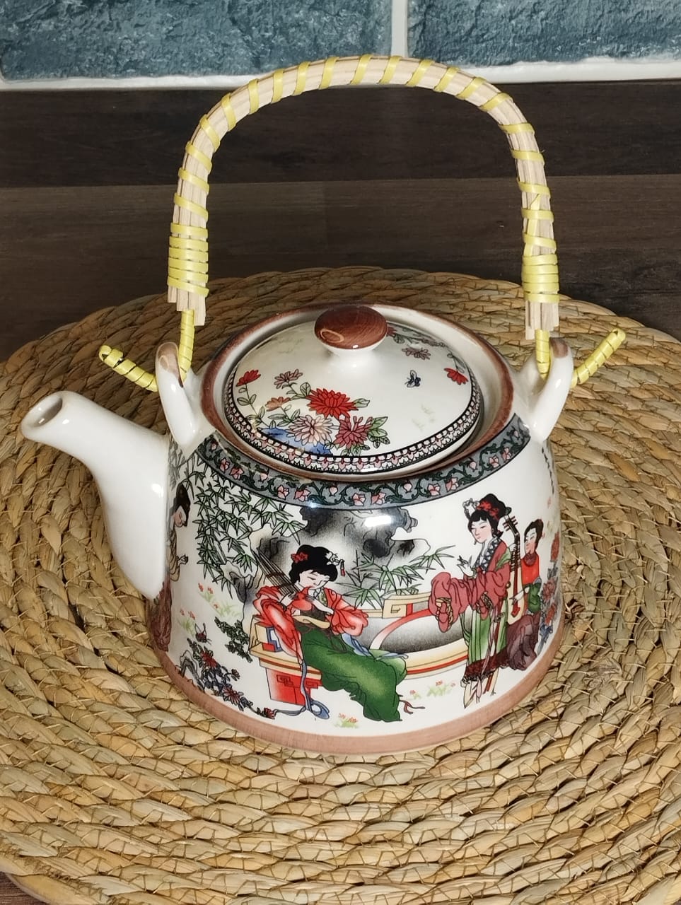 Multicolored Ceramic Teapot With Rattan Handle