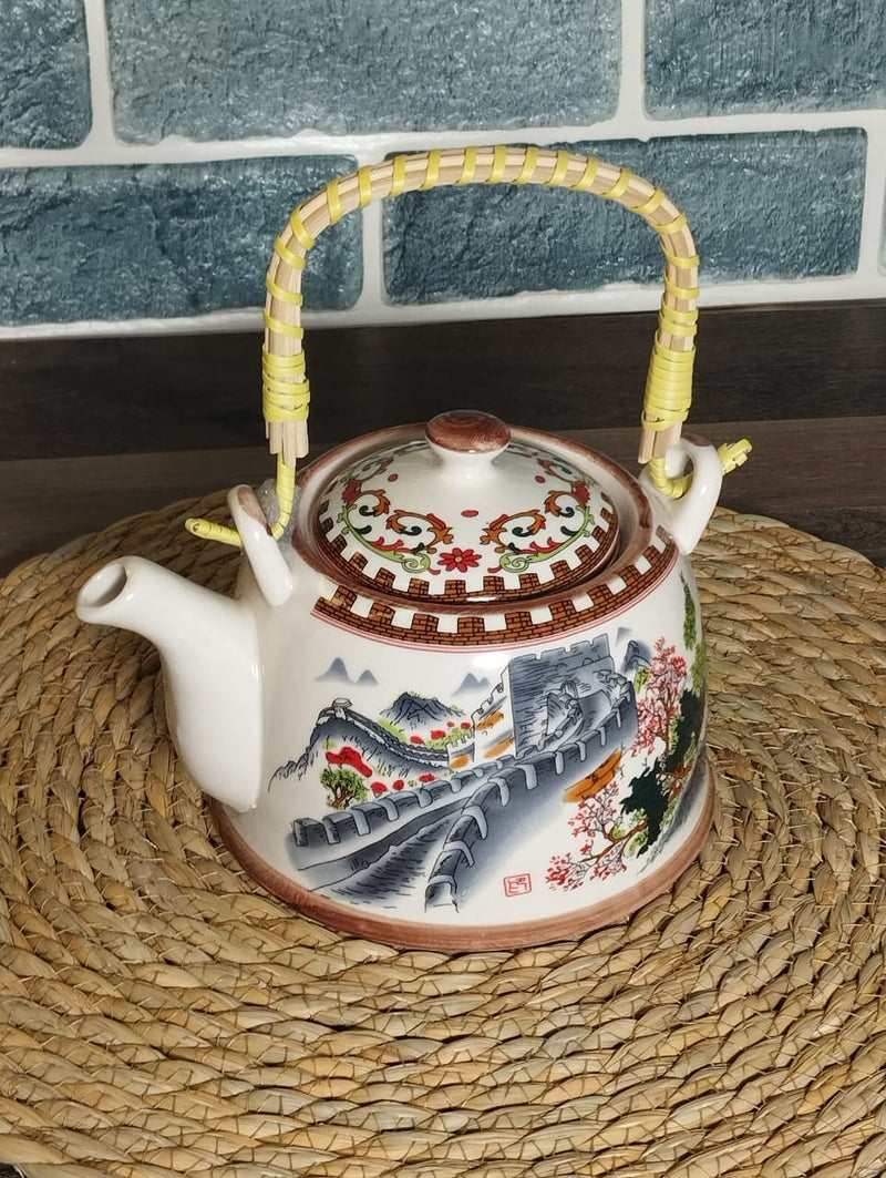 Multicolored Ceramic Teapot With Rattan Handle Techmanistan