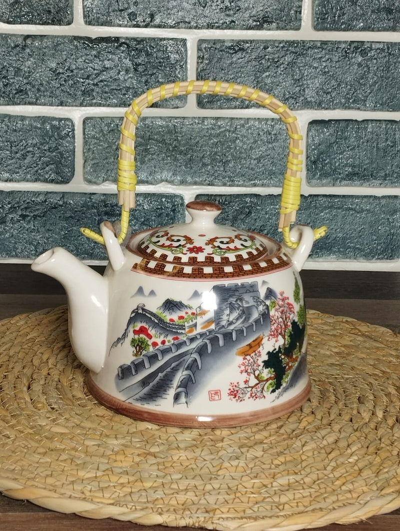 Multicolored Ceramic Teapot With Rattan Handle Techmanistan