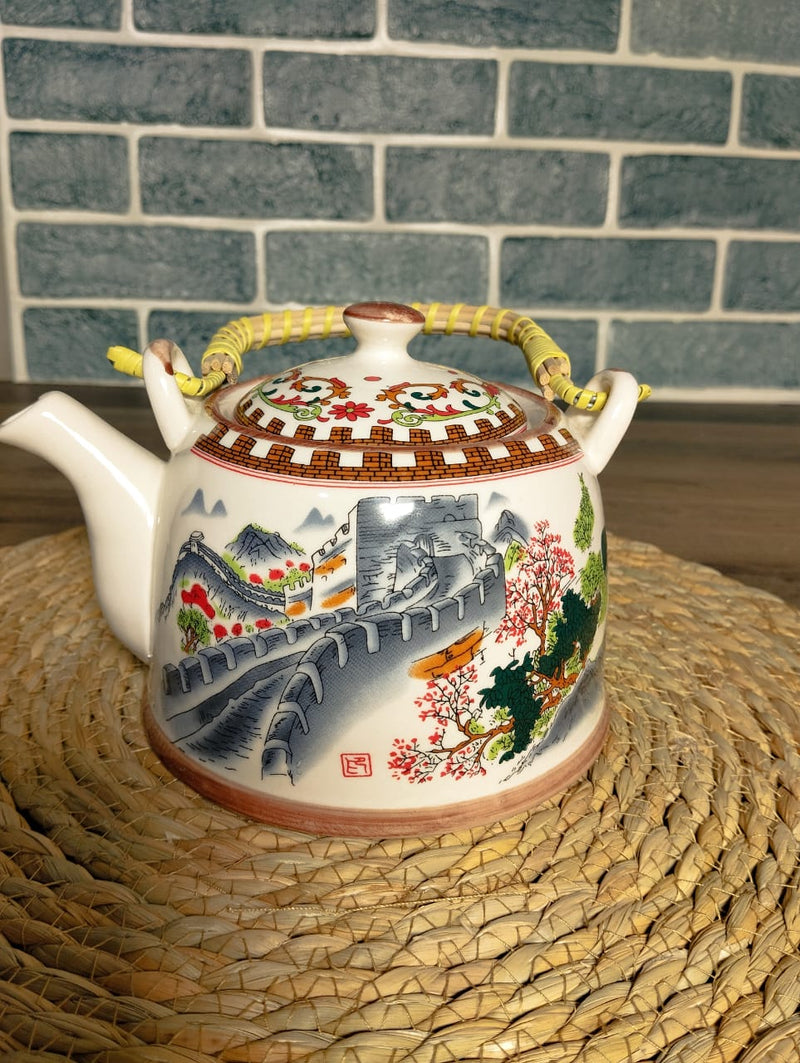 Multicolored Ceramic Teapot With Rattan Handle Techmanistan
