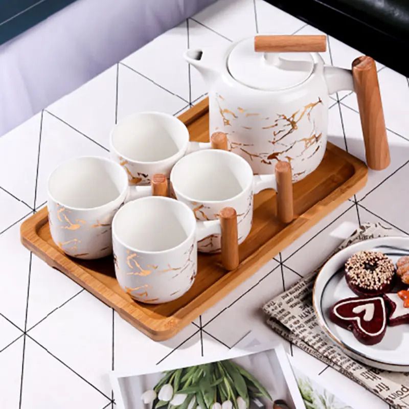 4 Pieces Tea Cups With Teapot & Wooden Tray