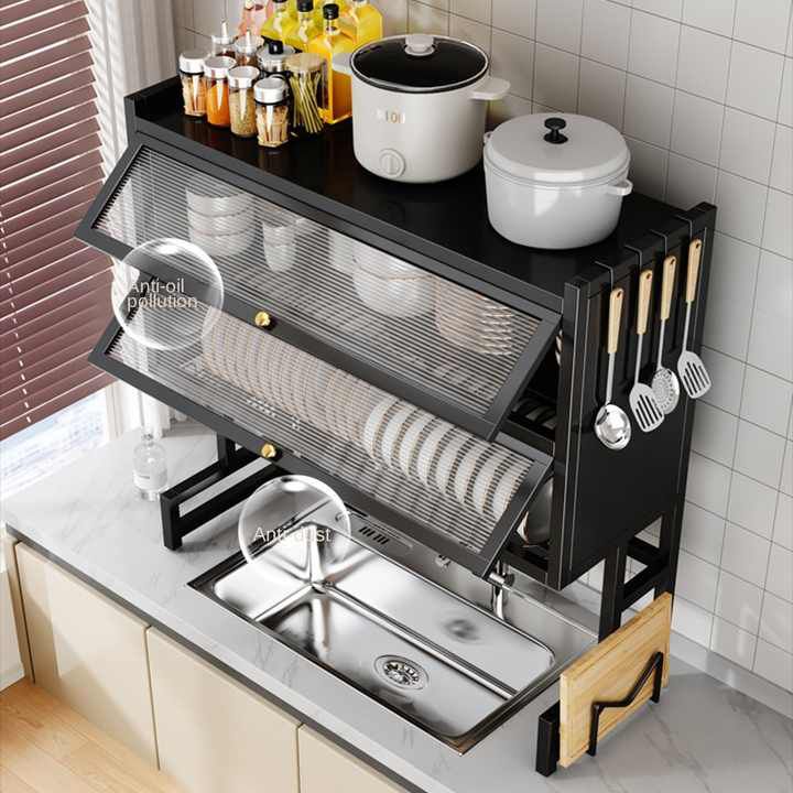 Over Sink Dish Drying Rack with Dust-Proof Cabinet Doors Techmanistan
