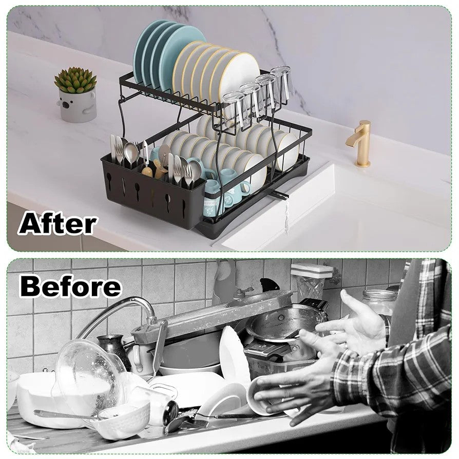 Dish Drainer Rack with Drip Tray & Utensil Holder Techmanistan